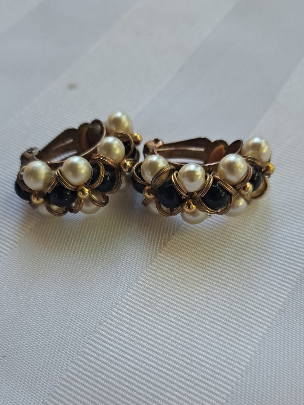 Classic Pearl and Black Bead Cluster Clip-On Earrings - Gold Tone